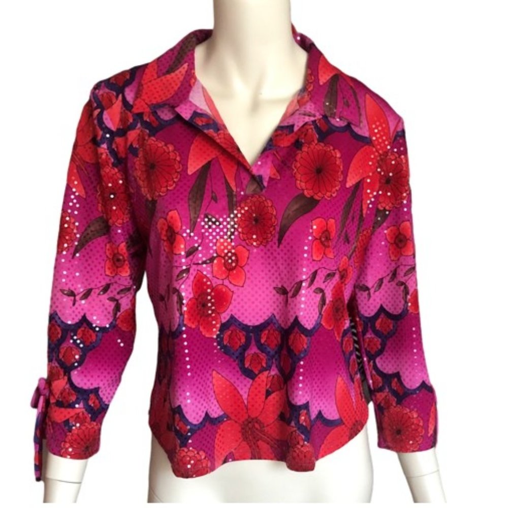 Xhilaration Sparkly Pink Floral Abstract Stretch Blouse L